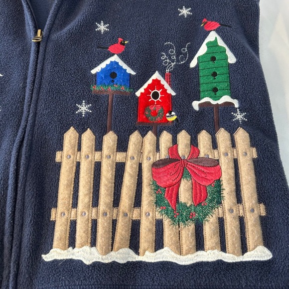 Baxter & Wells Womens Fleece Vest Blue Birdhouse Winter Snowflake‎ Christmas XL - Picture 2 of 6